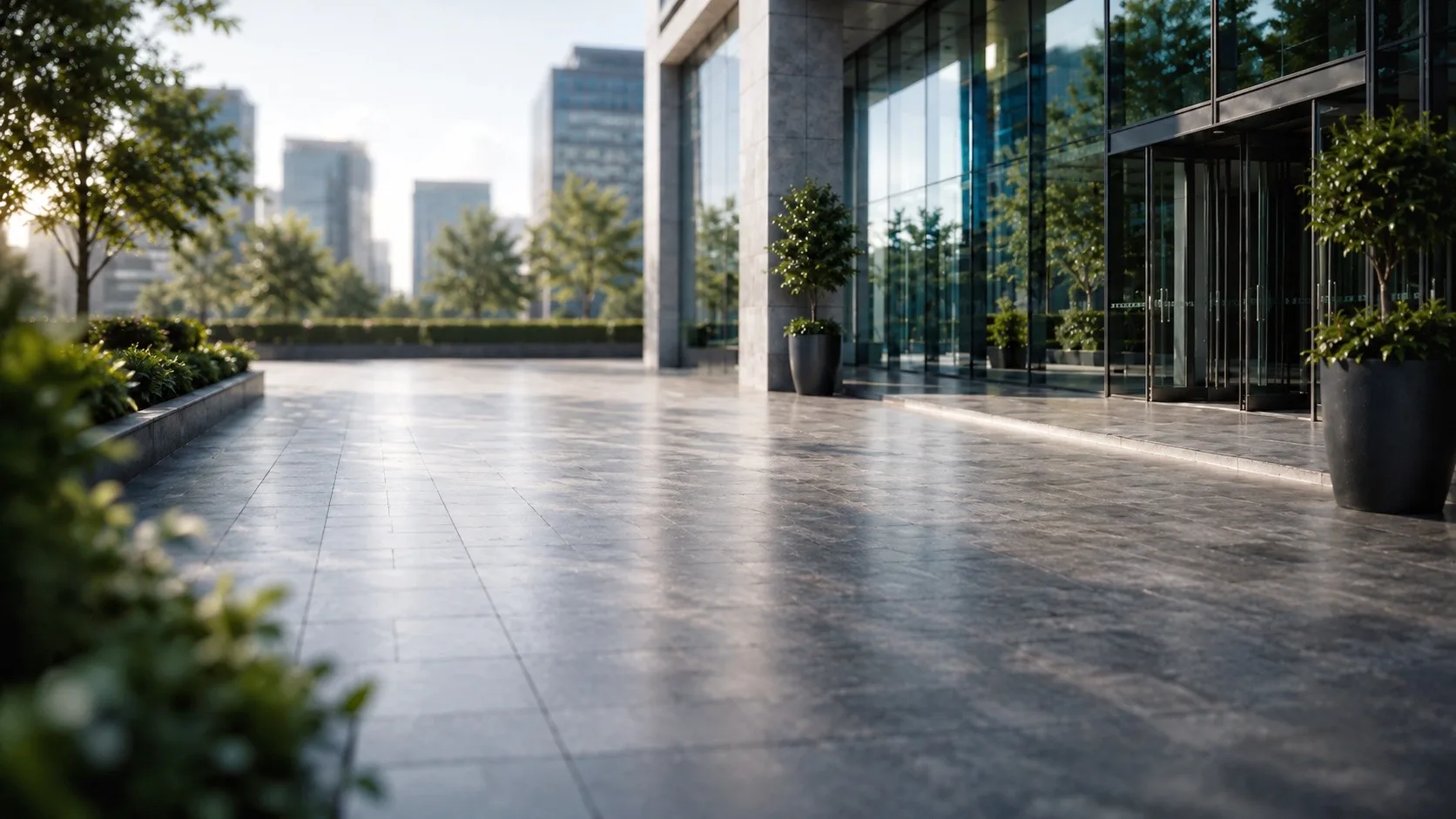 Corporate plaza forecourt at a glass office tower